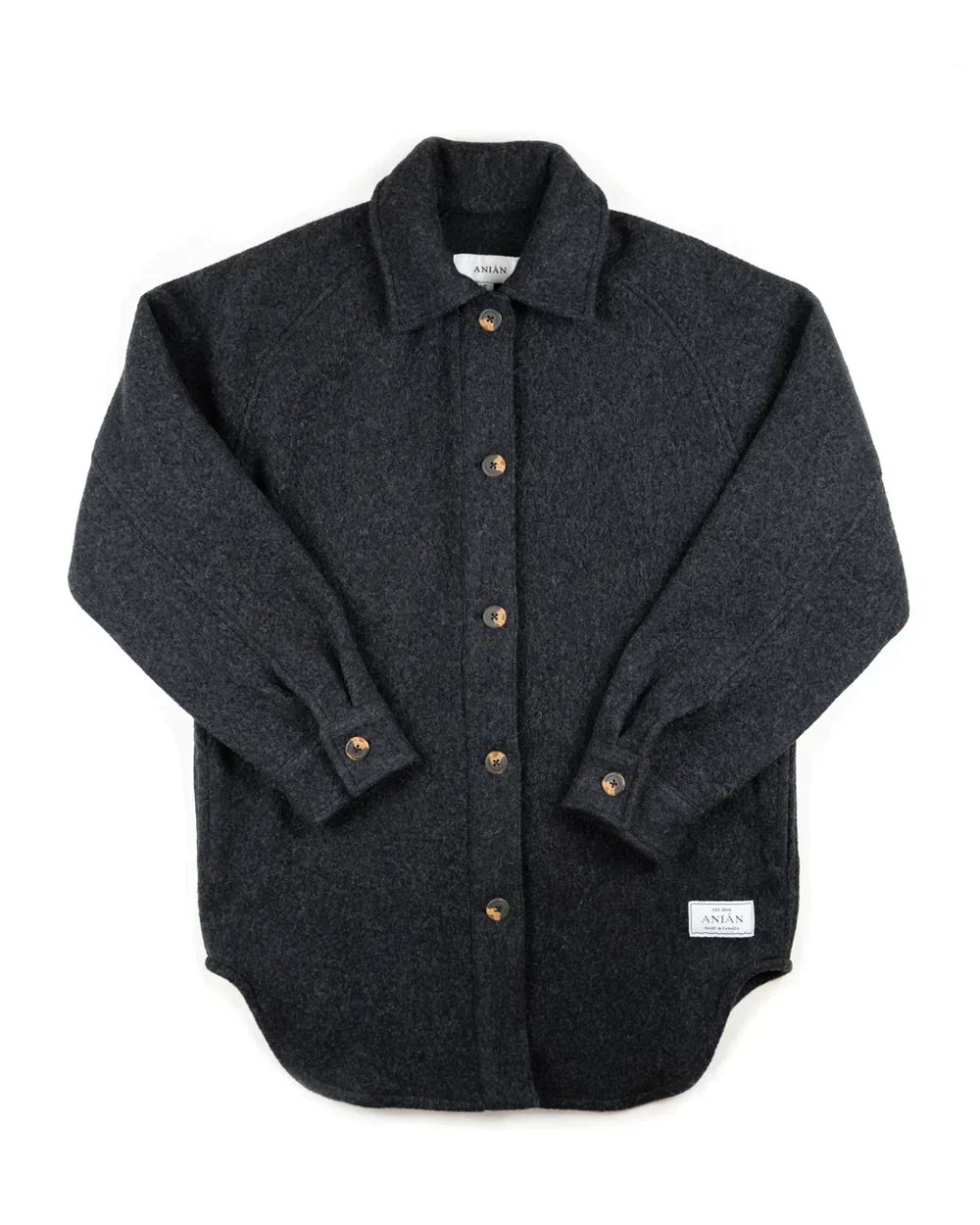 A dark charcoal gray wool button-up shirt jacket with brown buttons, laid flat on a white background.