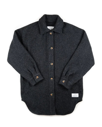 A dark charcoal gray wool button-up shirt jacket with brown buttons, laid flat on a white background.