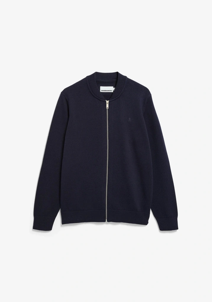 A dark navy blue zip-up jacket with a ribbed collar, cuffs, and hem, displayed on a clean white background.