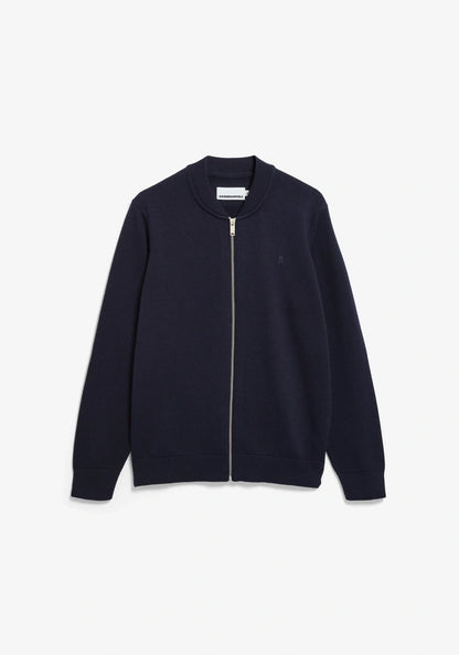 A dark navy blue zip-up jacket with a ribbed collar, cuffs, and hem, displayed on a clean white background.
