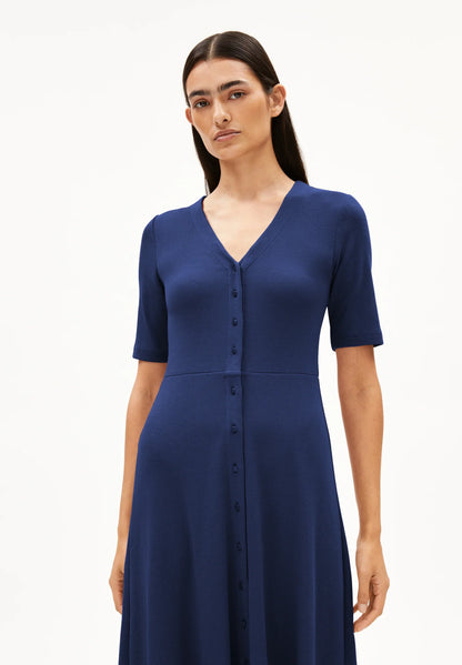 Navy blue ARMEDANGELS Canada midi dress with a V-neck and button-down front ideal for casual outings in Canada