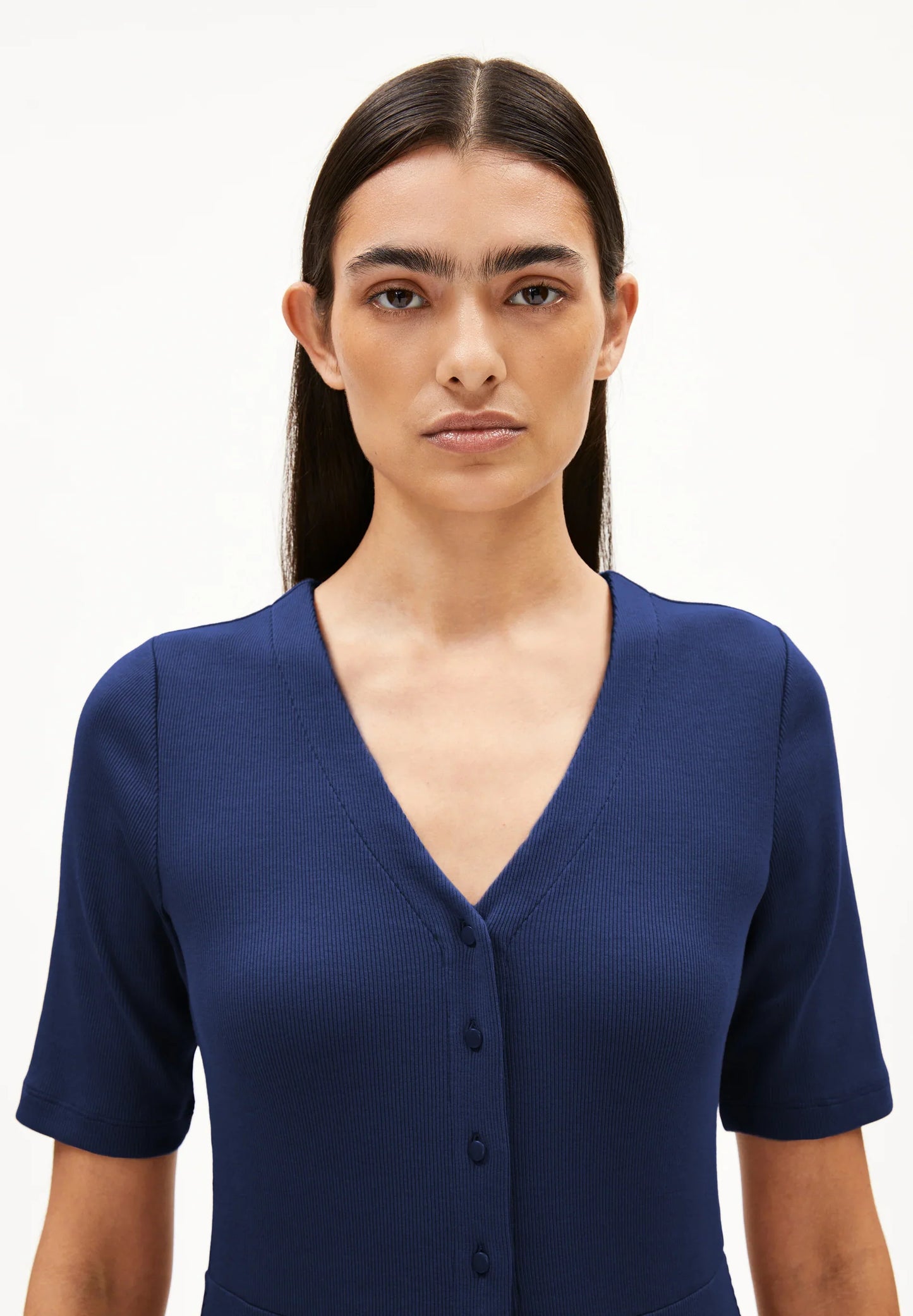 ARMEDANGELS Canada Navy Blue V-Neck Midi Dress with Short Sleeves and Button Details in Canada