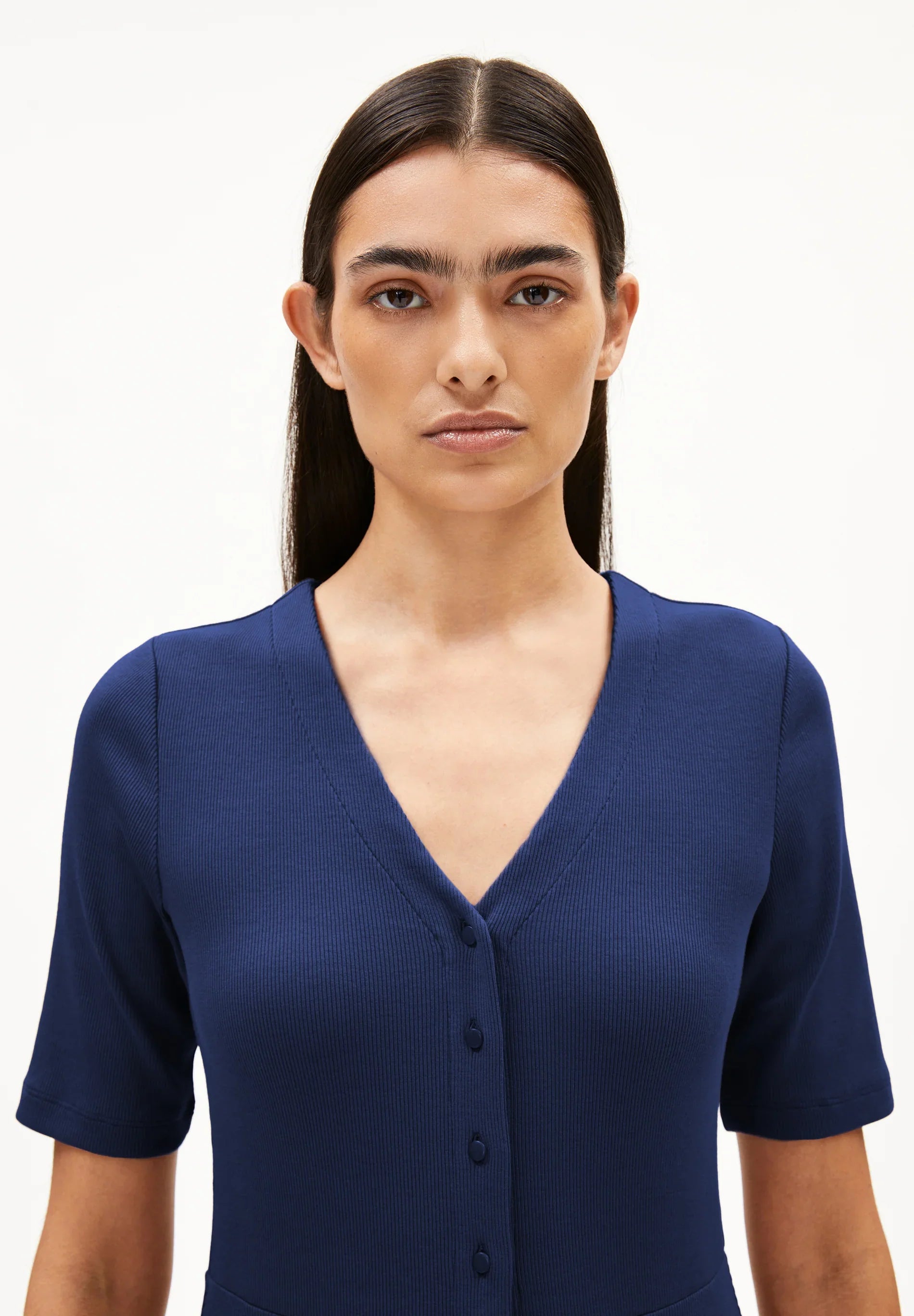 ARMEDANGELS Canada Navy Blue V-Neck Midi Dress with Short Sleeves and Button Details in Canada