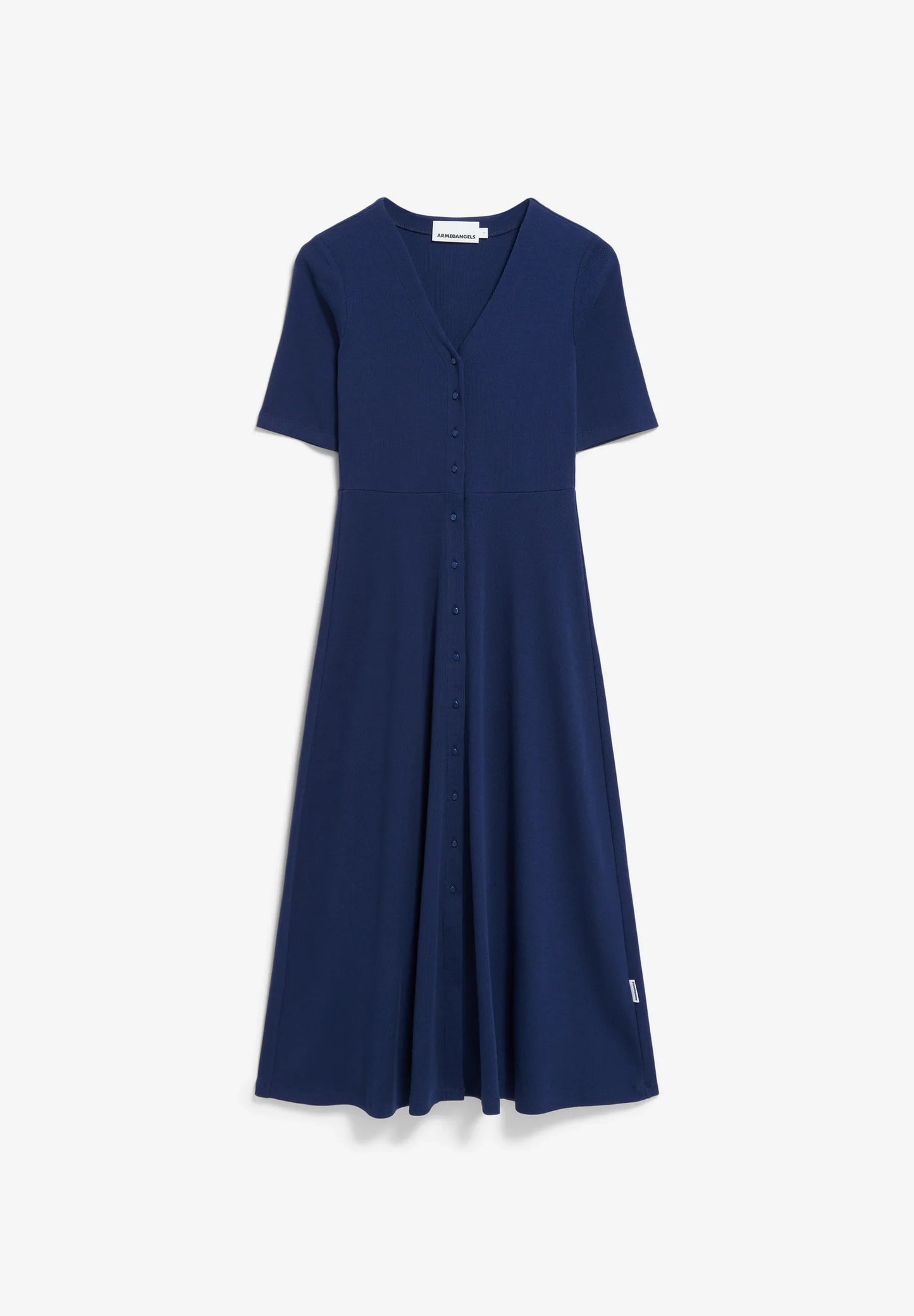 ARMEDANGELS Navy Button-Down Midi Dress with Short Sleeves and Flared Skirt for Casual Wear