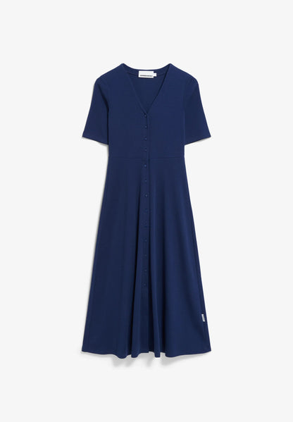 ARMEDANGELS Navy Button-Down Midi Dress with Short Sleeves and Flared Skirt for Casual Wear