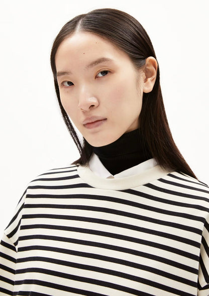 ARMEDANGELS Canada striped black and white sweatshirt and top with round neckline worn by model in Kelowna