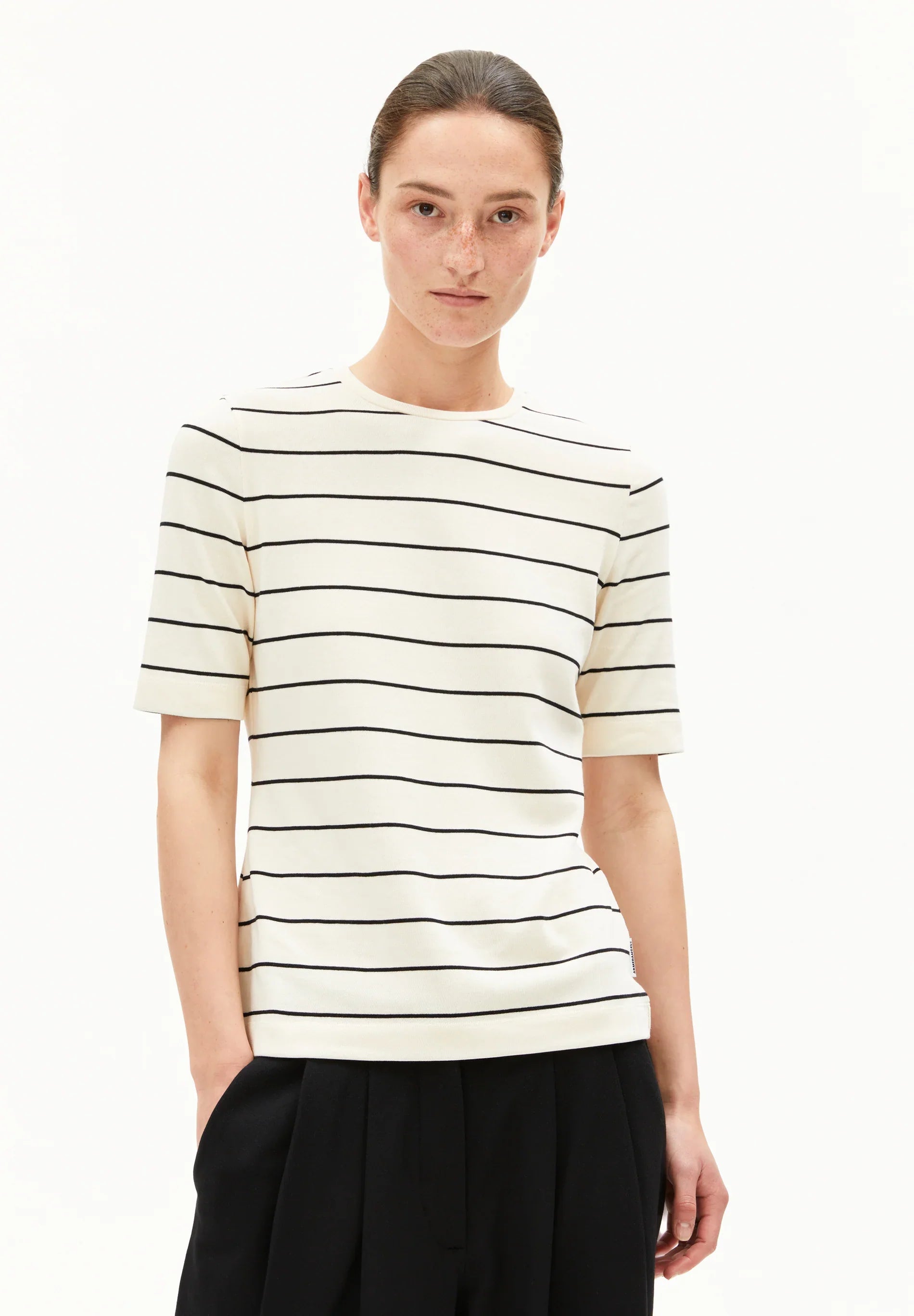 ARMEDANGELS Canada women's striped t-shirt in cream with black stripes, perfect for casual wear in Kelowna and Canada