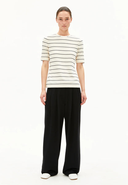ARMEDANGELS Canada striped t-shirt in cream and black stripes designed for casual, stylish wear on model in Canada