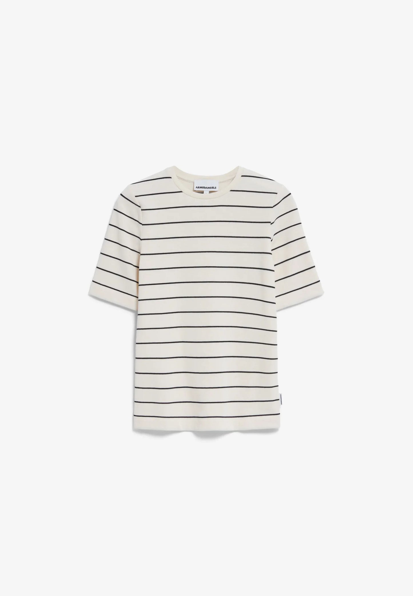 ARMEDANGELS Canada Striped t-shirt in cream with black stripes, perfect for casual wear in Kelowna and Canada.