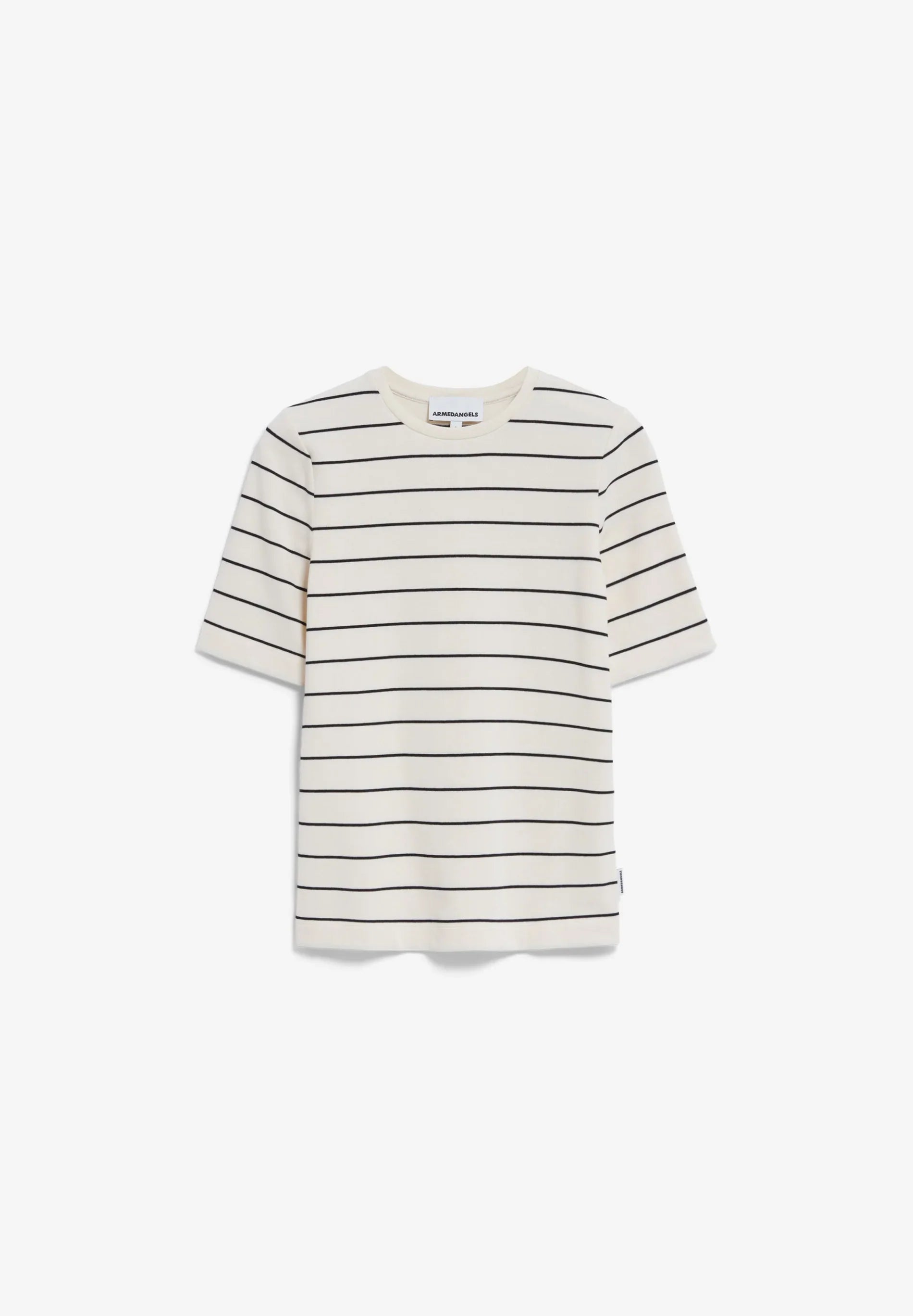ARMEDANGELS Canada Striped t-shirt in cream with black stripes, perfect for casual wear in Kelowna and Canada.