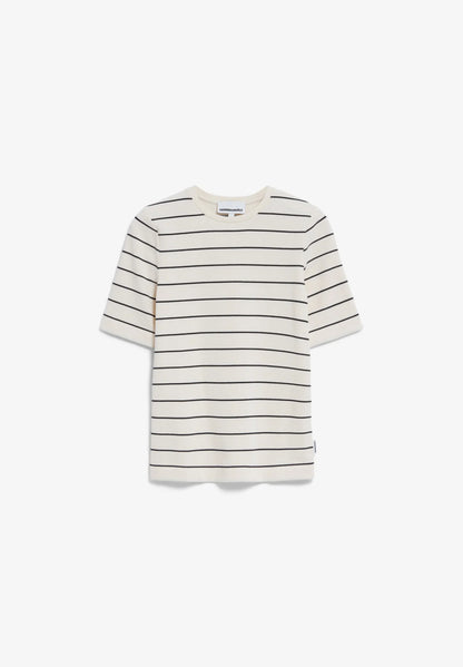 ARMEDANGELS Canada Striped t-shirt in cream with black stripes, perfect for casual wear in Kelowna and Canada.