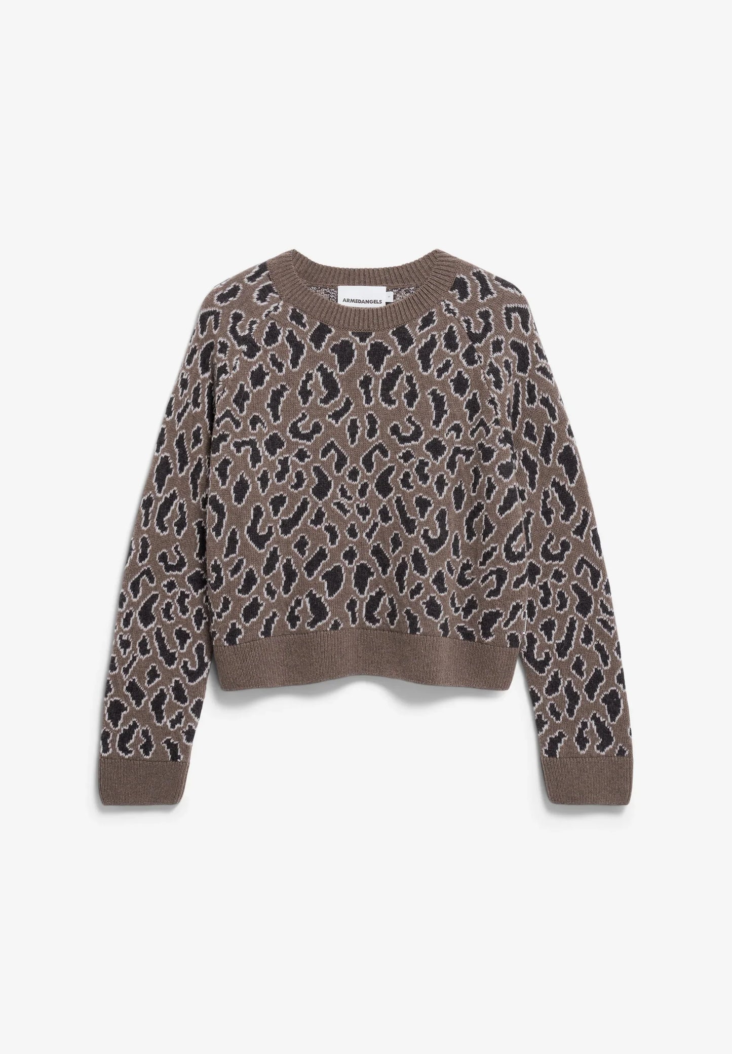 ARMEDANGELS Canada Cropped Sweater in Brown with Bold Leopard Print Design in Kelowna