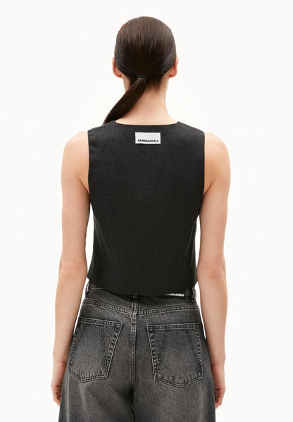 ARMEDANGELS Canada Black Denim Vest with a Minimalist Design and Tag Detail on the Back in Kelowna