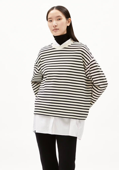 ARMEDANGELS Canada black and white striped oversized  sweatshirt with layered white hem and long sleeves in Kelowna