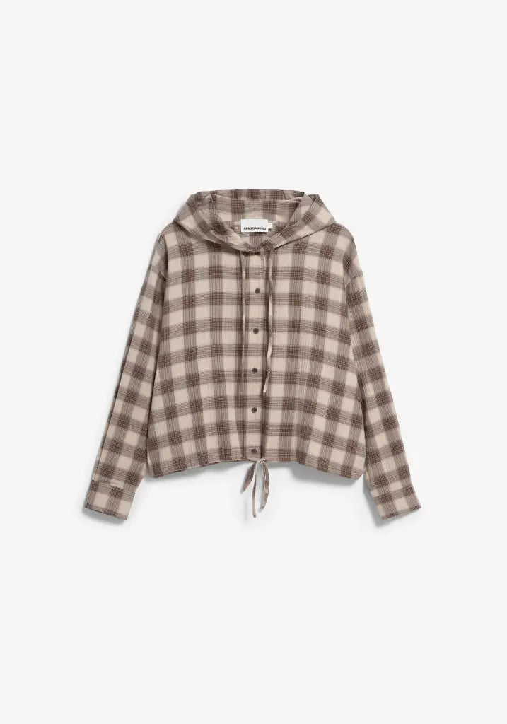 A cropped long-sleeve hooded button-up shirt with a brown and beige plaid pattern, displayed on a clean white background.