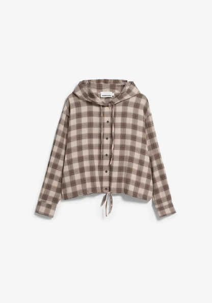 A cropped long-sleeve hooded button-up shirt with a brown and beige plaid pattern, displayed on a clean white background.