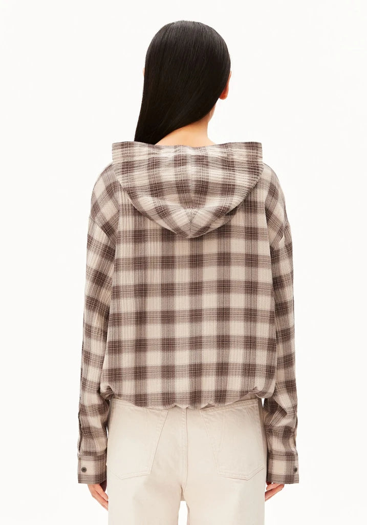 Person wearing a plaid hoodie from behind on a white background