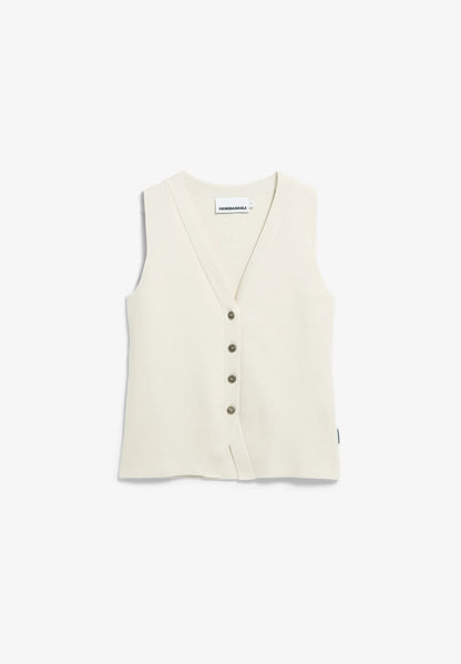 Front flatlay of the ARMEDANGELS Canada Compact Buttoned Knit Vest in oatmilk on a light grey background, showing the button front and hem slit.