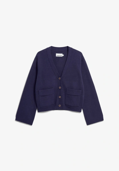 A dark navy blue cropped cardigan sweater with a V-neck, button closure, and two front flap pockets, shown flat on a light gray background.