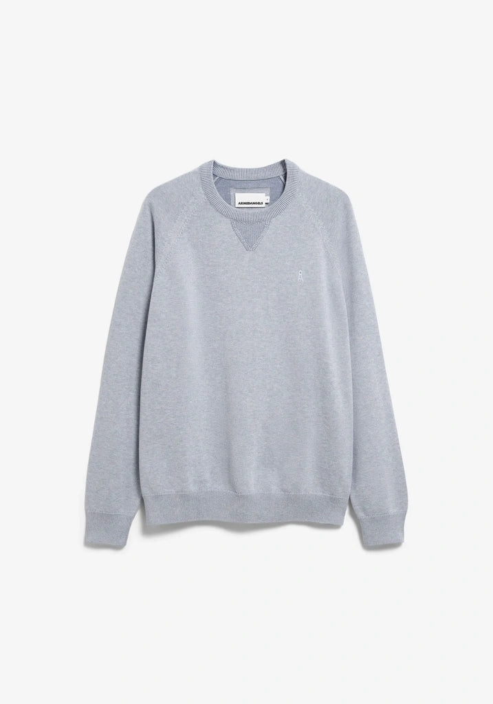 A light gray crewneck sweater with a subtle V-neck detail at the collar, shown flat against a light gray background.