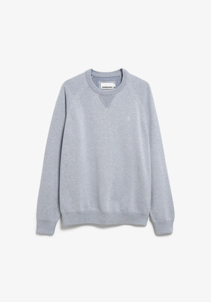 A light gray crewneck sweater with a subtle V-neck detail at the collar, shown flat against a light gray background.