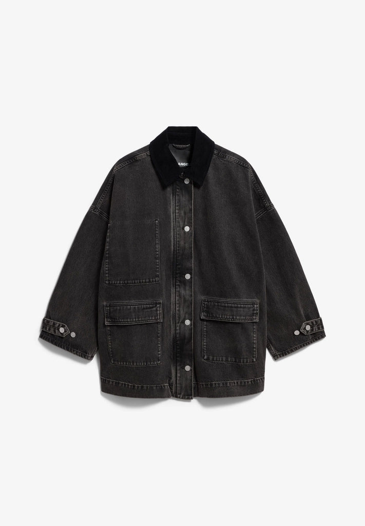 Front flatlay view of ARMEDANGELS Canada Denim Jacket Cord Collar in washed black denim with a corduroy collar, on a light grey background.