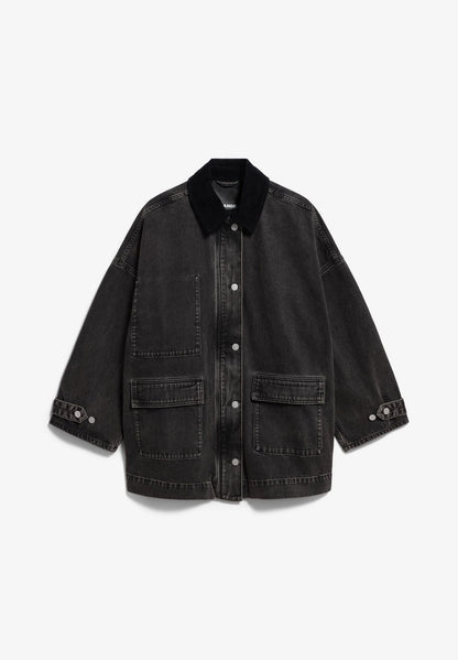 Front flatlay view of ARMEDANGELS Canada Denim Jacket Cord Collar in washed black denim with a corduroy collar, on a light grey background.