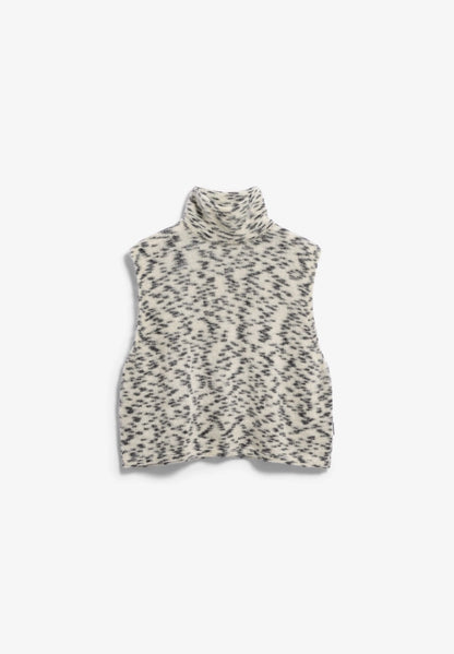 Front flatlay view of ARMEDANGELS Canada Dotted Mohair-Blend Knit Vest in Oatmilk-Black with a mock neck, on a light grey background.