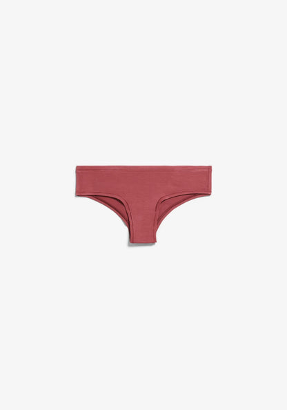 A pair of low-rise, thong-style underwear in a velvet ember colour, shown flat against a solid off-white background.
