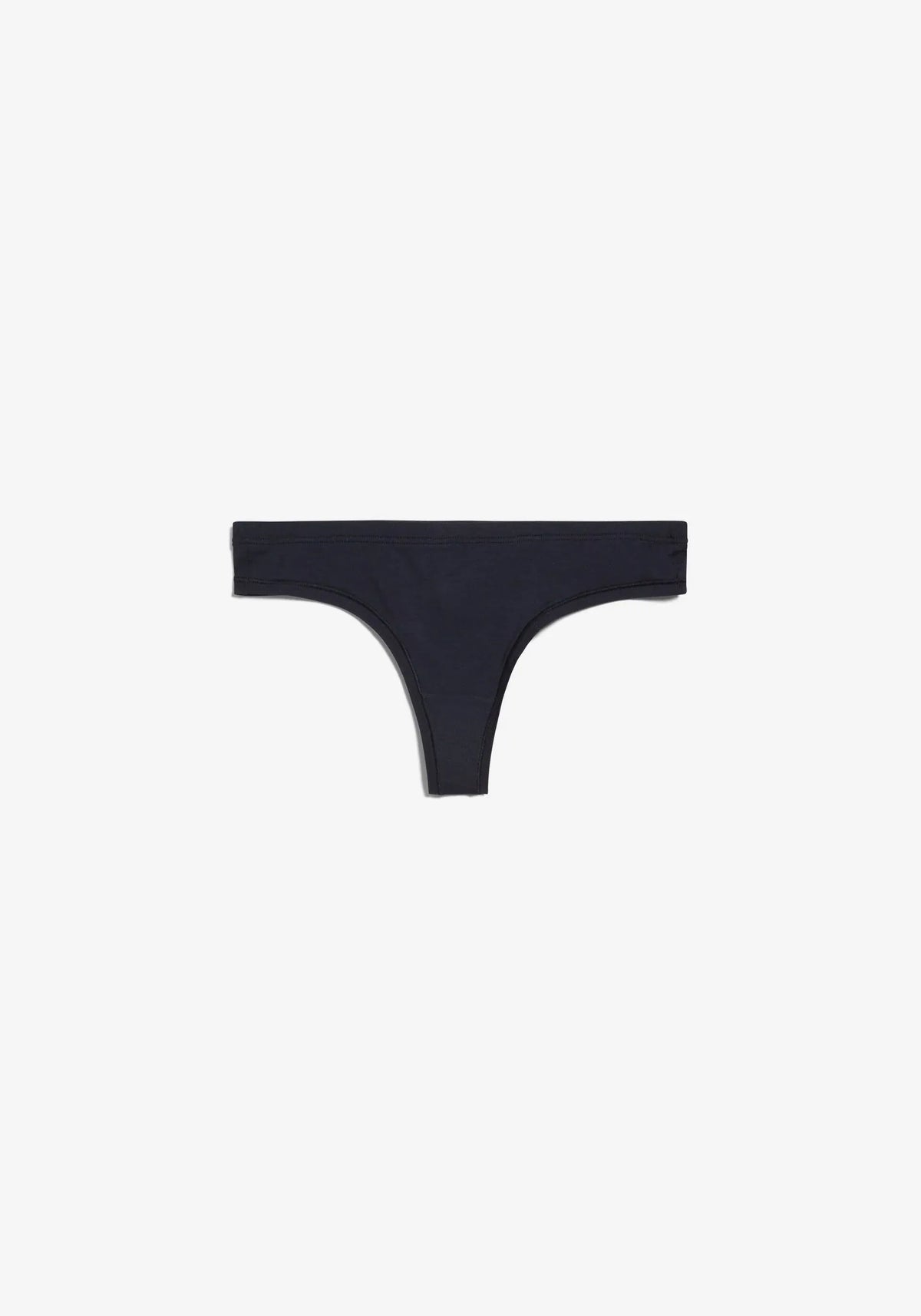 A pair of dark navy blue thong underwear laid flat against a solid off-white background.