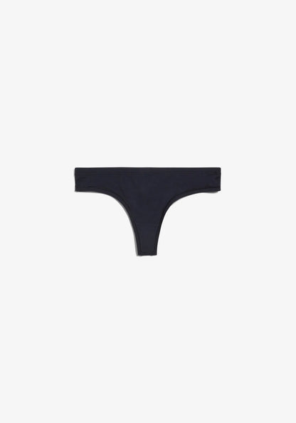 A pair of dark navy blue thong underwear laid flat against a solid off-white background.