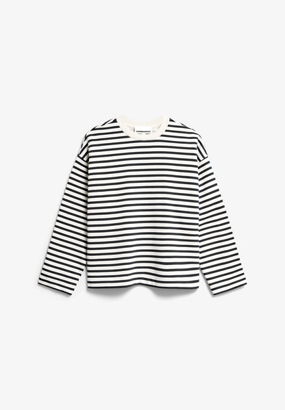 Front flatlay view of ARMEDANGELS Canada Frankaa Maarlen Stripe Sweatshirt in Undyed-Black on a light grey background.