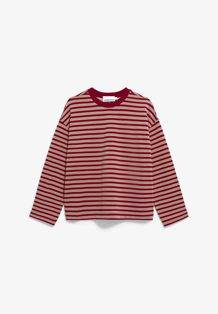 Front flatlay view of ARMEDANGELS Canada Frankaa Maarlen Stripe Sweatshirt in Velvet Red-Honey Reed on a light grey background.