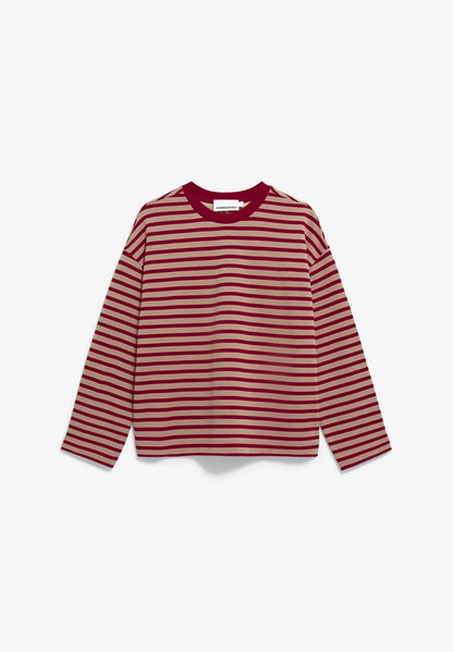 Front flatlay view of ARMEDANGELS Canada Frankaa Maarlen Stripe Sweatshirt in Velvet Red-Honey Reed on a light grey background.