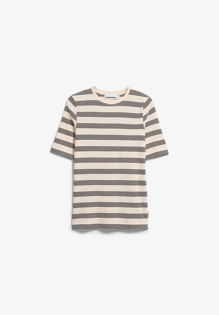 Front flatlay view of ARMEDANGELS Canada Jaanisara Fine Stripe T-Shirt in Oatmilk-Black on a light grey background.