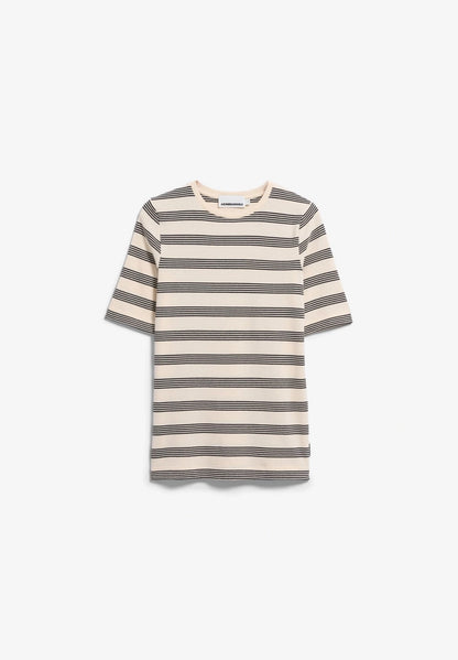 Front flatlay view of ARMEDANGELS Canada Jaanisara Fine Stripe T-Shirt in Oatmilk-Black on a light grey background.