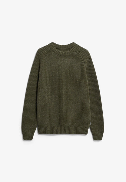 Flat lay of the ARMEDANGELS Canada Kiaano Tweed Knit Sweater in Dark Earth Tweed on a light grey background.