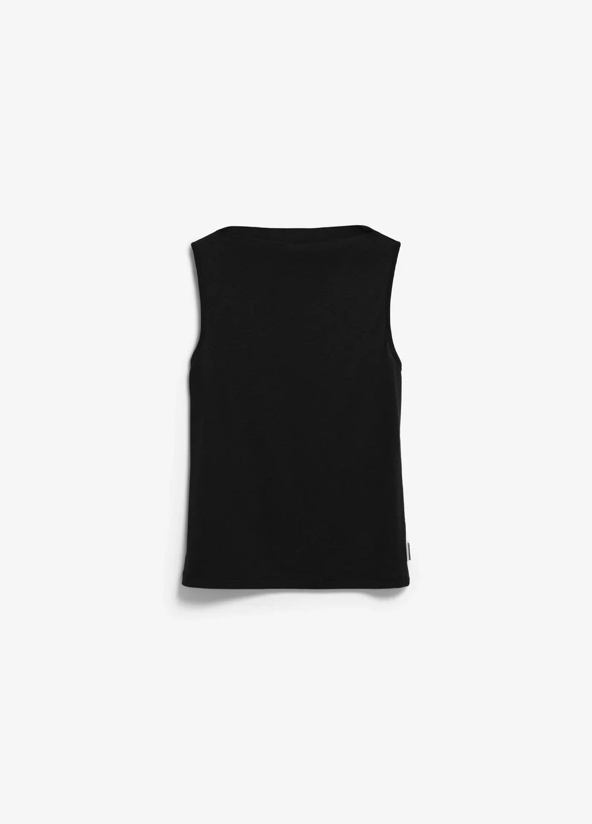 Front flatlay of the ARMEDANGELS Canada Laminiaa Sleeveless Top in black on a light grey background.