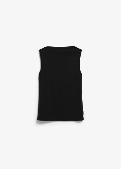 Front flatlay of the ARMEDANGELS Canada Laminiaa Sleeveless Top in black on a light grey background.