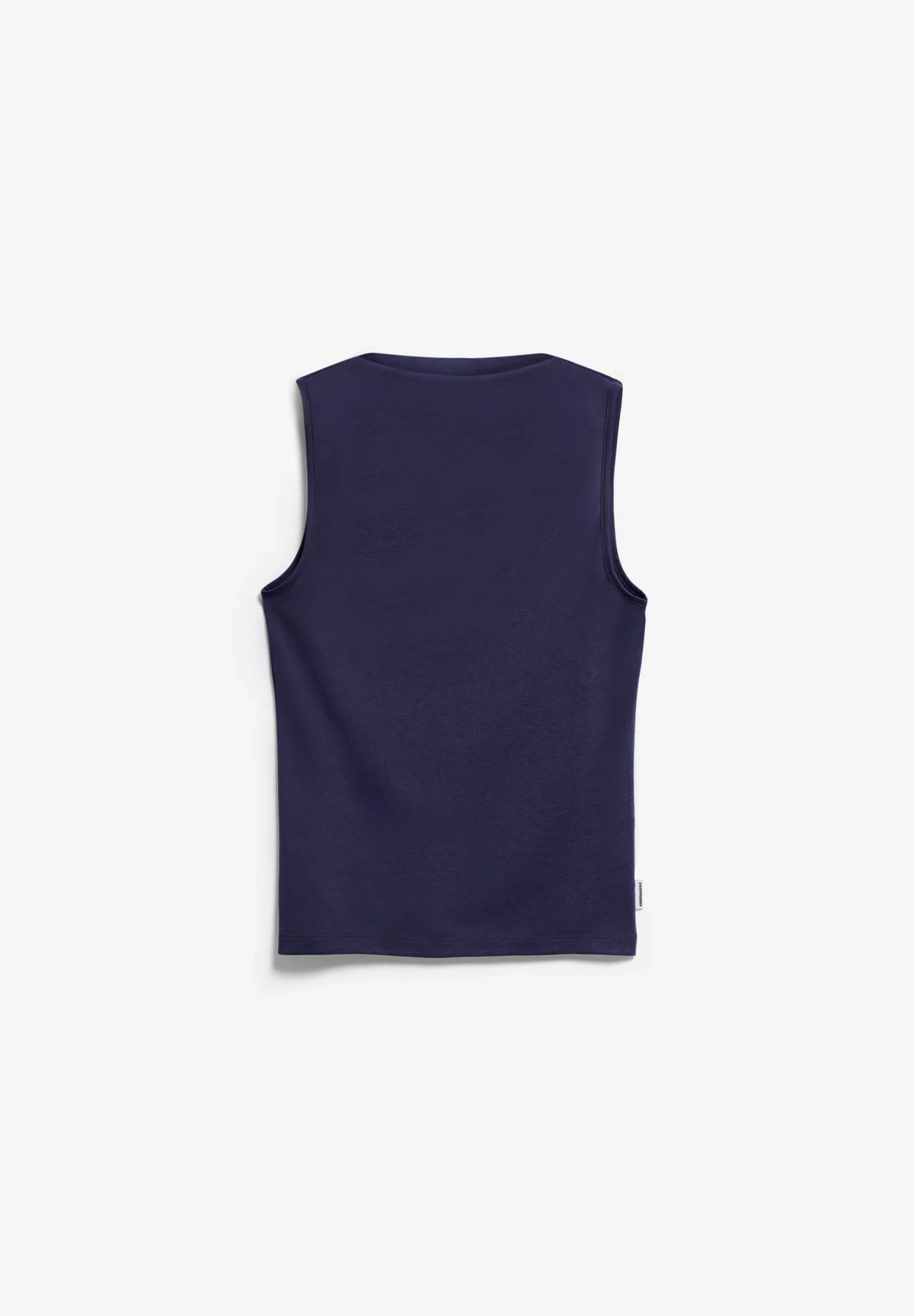 Front flatlay of the ARMEDANGELS Canada Laminiaa Sleeveless Top in tinted navy on a light grey background.