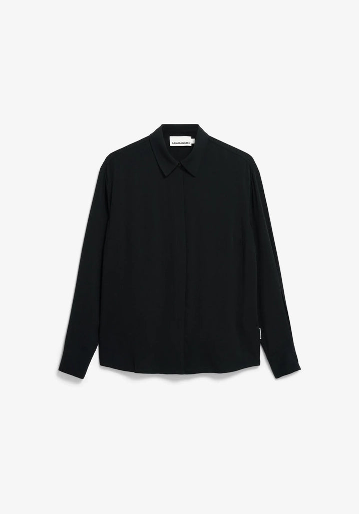 Front flatlay view of ARMEDANGELS Canada Larisaana Longsleeve Blouse in black with a shirt collar and concealed button placket, on a white background.