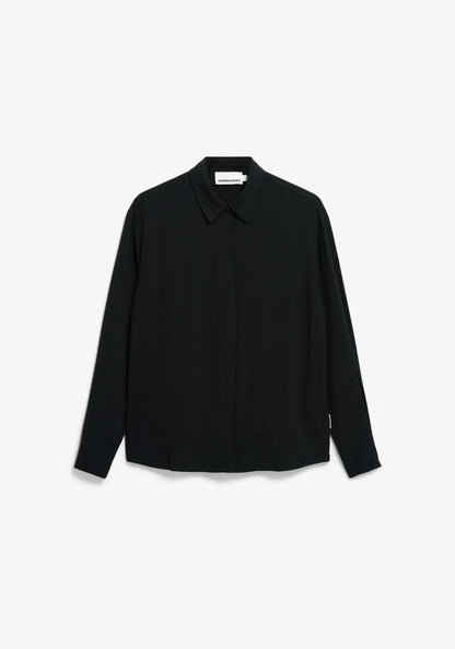 Front flatlay view of ARMEDANGELS Canada Larisaana Longsleeve Blouse in black with a shirt collar and concealed button placket, on a white background.