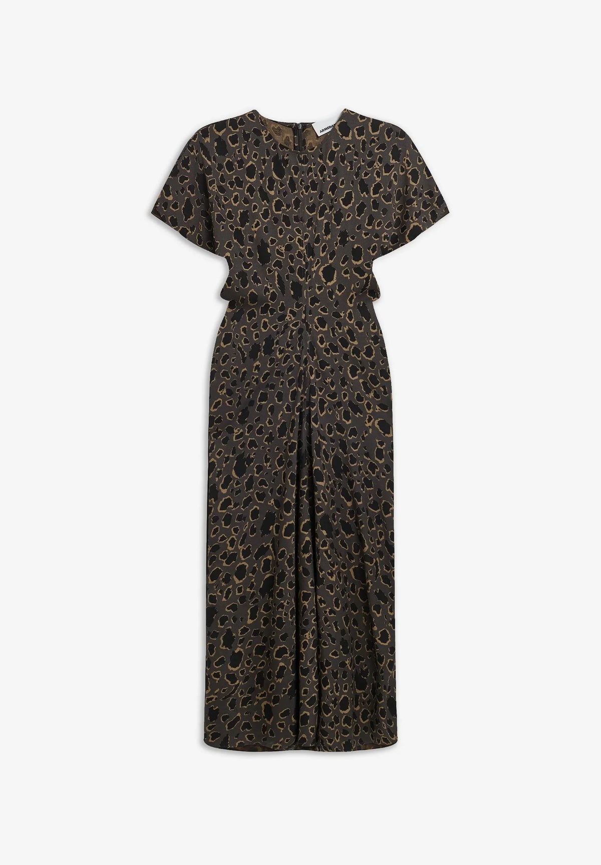 Front flatlay of the ARMEDANGELS Canada Leo Bat Wing Midi Dress in leopard print on a light grey background, showing the bat wing sleeves and gathered waist.