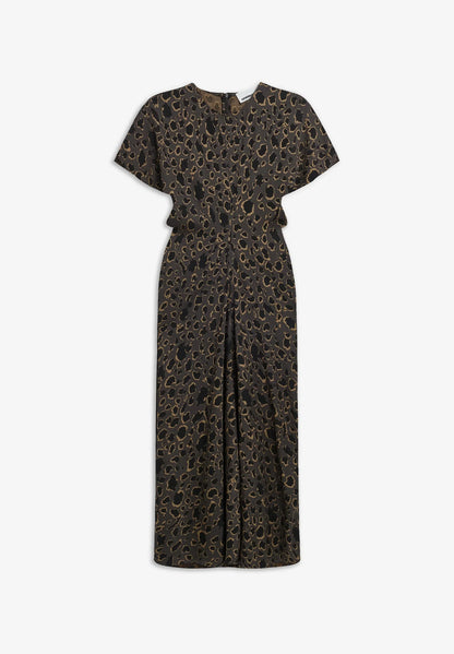 Front flatlay of the ARMEDANGELS Canada Leo Bat Wing Midi Dress in leopard print on a light grey background, showing the bat wing sleeves and gathered waist.