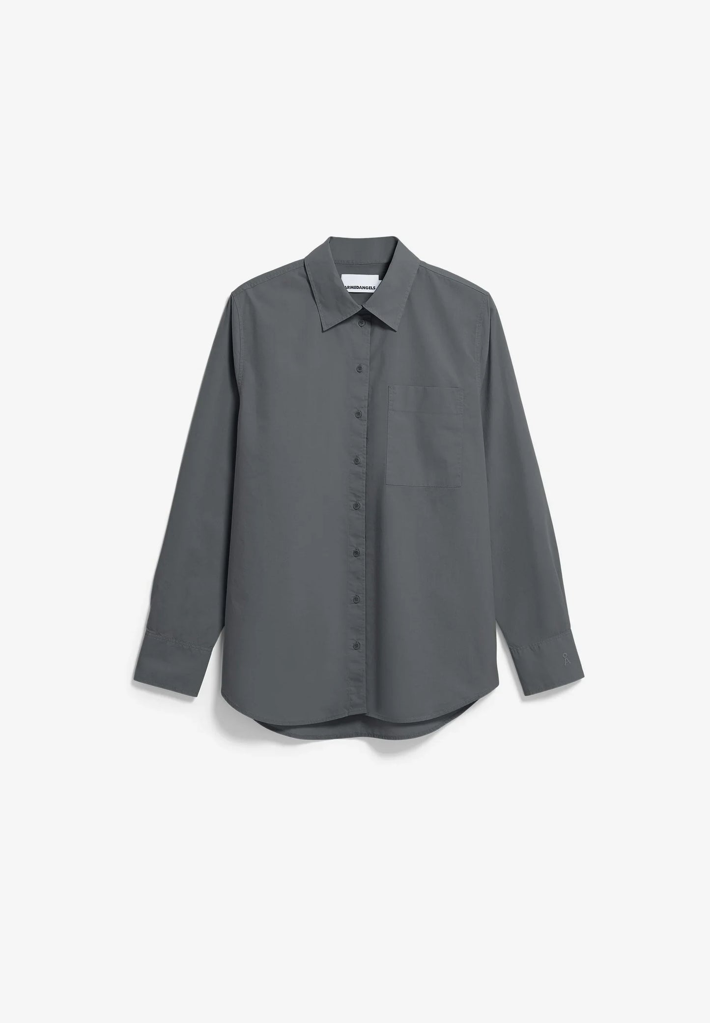 Gray button-up shirt on a white background