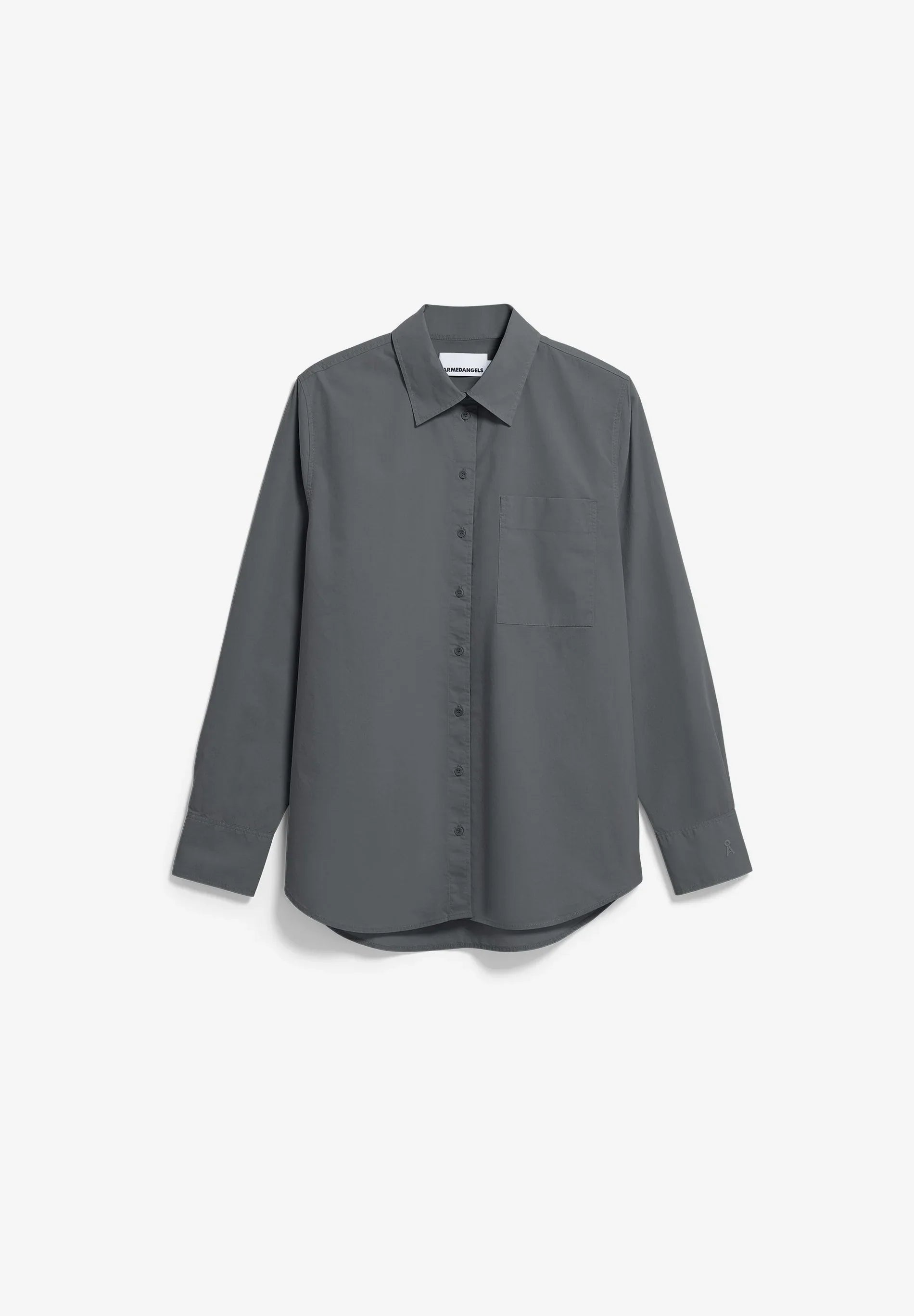 Gray button-up shirt on a white background