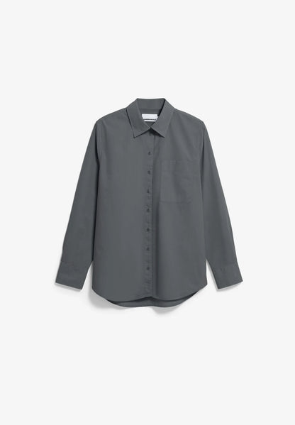 Gray button-up shirt on a white background