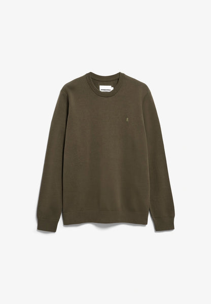 Front flatlay of the ARMEDANGELS Canada Loukaa Knit Sweater in dark earth on a light grey background.