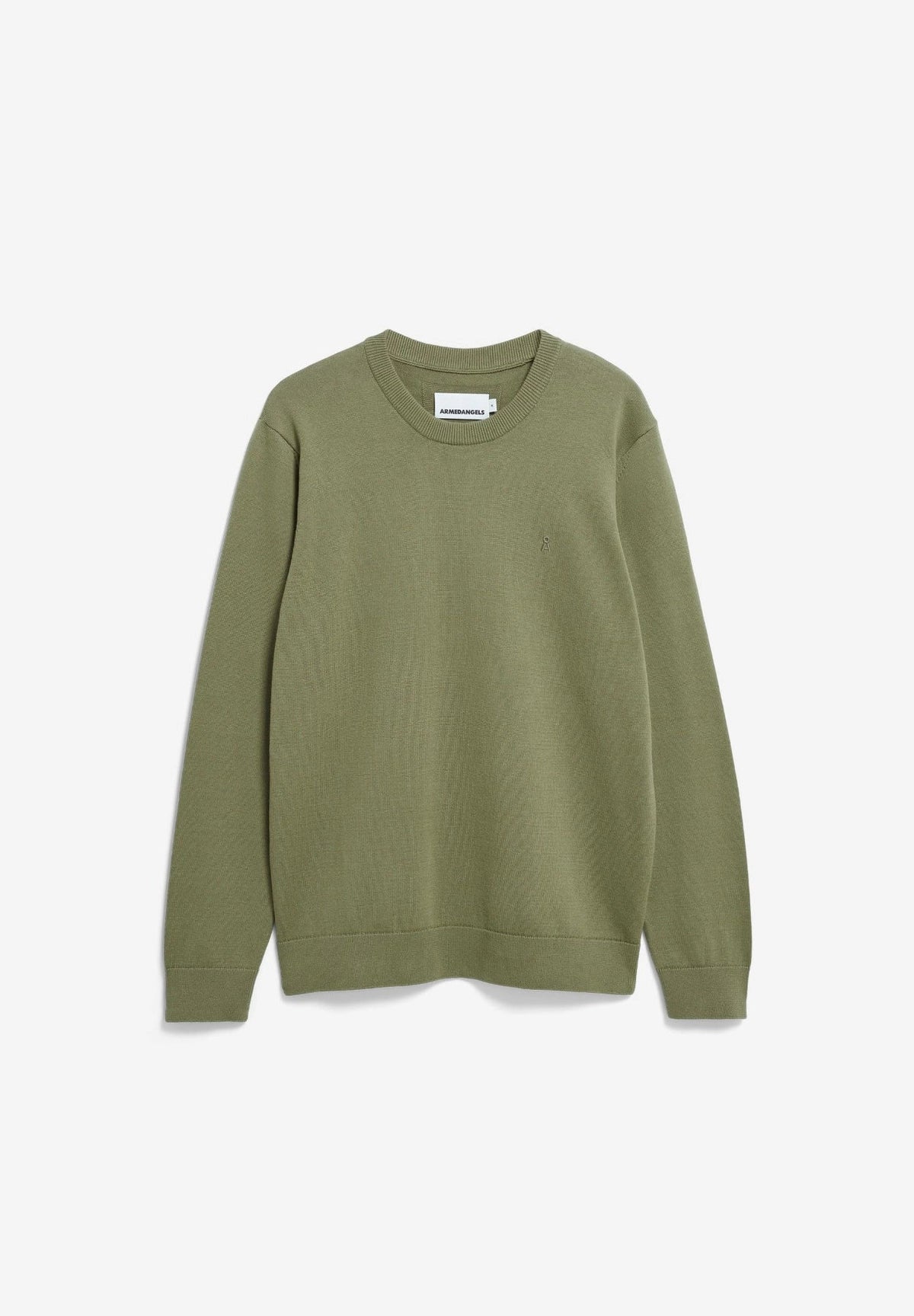 Front flatlay of the ARMEDANGELS Canada Loukaa Knit Sweater in fatigue green on a light grey background.