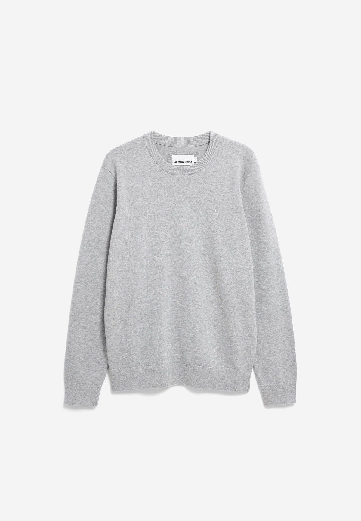 Front flatlay of the ARMEDANGELS Canada Loukaa Knit Sweater in silver melange on a light grey background.